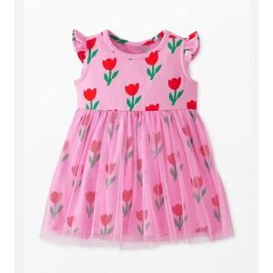 Baby Flutter Sleeve Tulle Dress Tulips on Fondant Pink 12-18 Months